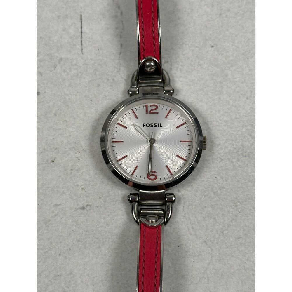 Fossil Watch Womens 32mm Georgia Pink Leather Inlay Silver Tone New Battery
